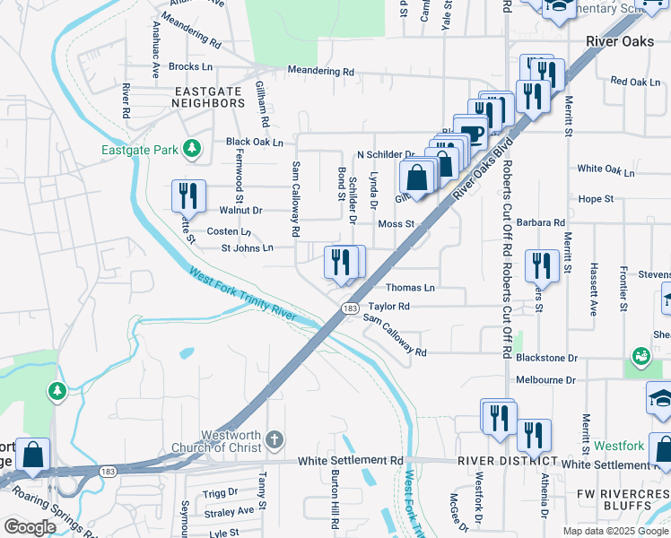 map of restaurants, bars, coffee shops, grocery stores, and more near 5750 Sam Calloway Road in Fort Worth