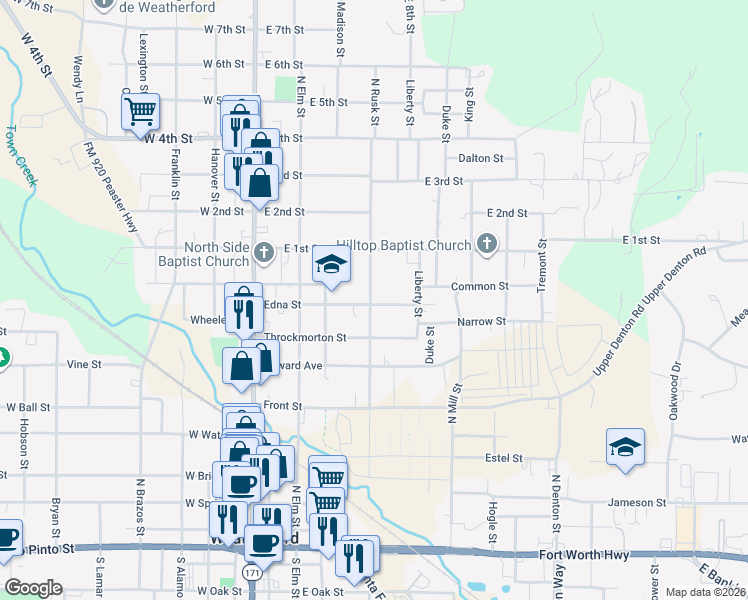 map of restaurants, bars, coffee shops, grocery stores, and more near 713 North Rusk Street in Weatherford