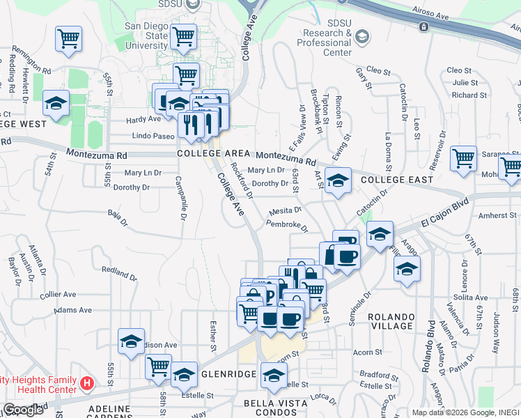 map of restaurants, bars, coffee shops, grocery stores, and more near 4927 College Avenue in San Diego