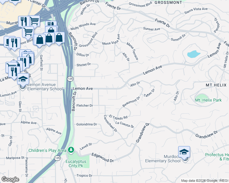 map of restaurants, bars, coffee shops, grocery stores, and more near 9380 Fortune Lane in La Mesa