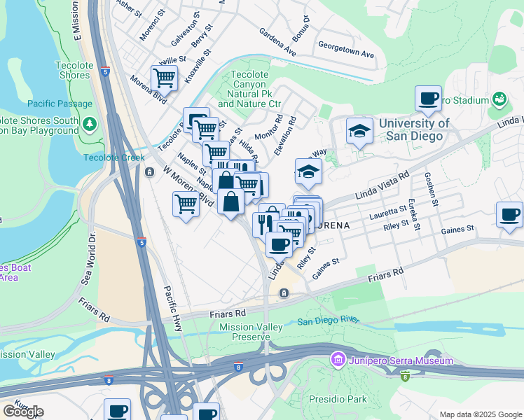 map of restaurants, bars, coffee shops, grocery stores, and more near Cushman Place in San Diego