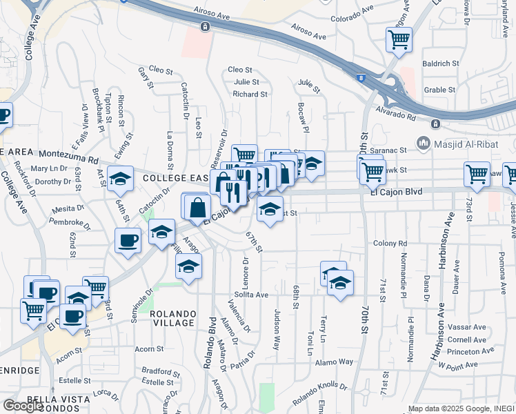 map of restaurants, bars, coffee shops, grocery stores, and more near 4927 67th Street in San Diego