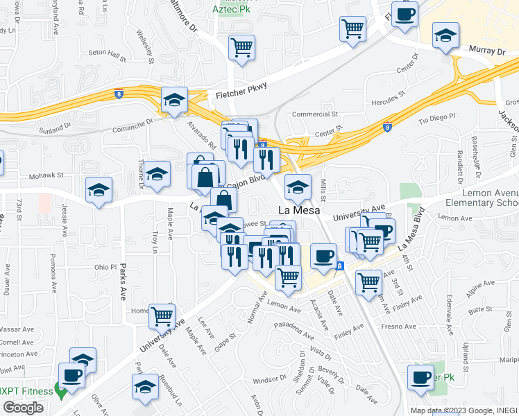 map of restaurants, bars, coffee shops, grocery stores, and more near 7924 El Capitan Drive in La Mesa