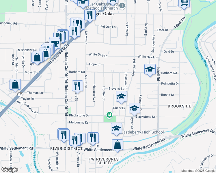 map of restaurants, bars, coffee shops, grocery stores, and more near 4825 Stevens Street in River Oaks
