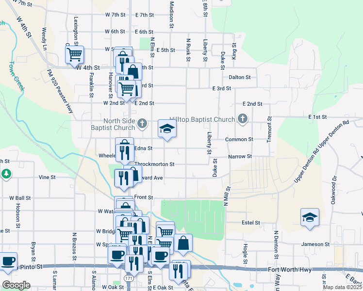 map of restaurants, bars, coffee shops, grocery stores, and more near 317 Edna Street in Weatherford