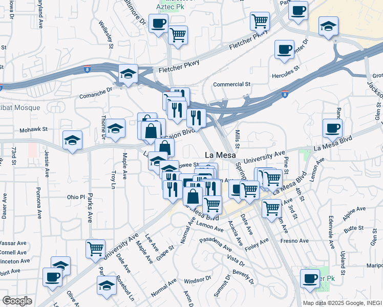 map of restaurants, bars, coffee shops, grocery stores, and more near 7924 El Capitan Drive in La Mesa