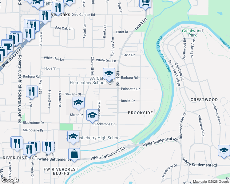 map of restaurants, bars, coffee shops, grocery stores, and more near 510 Isbell Road in Fort Worth