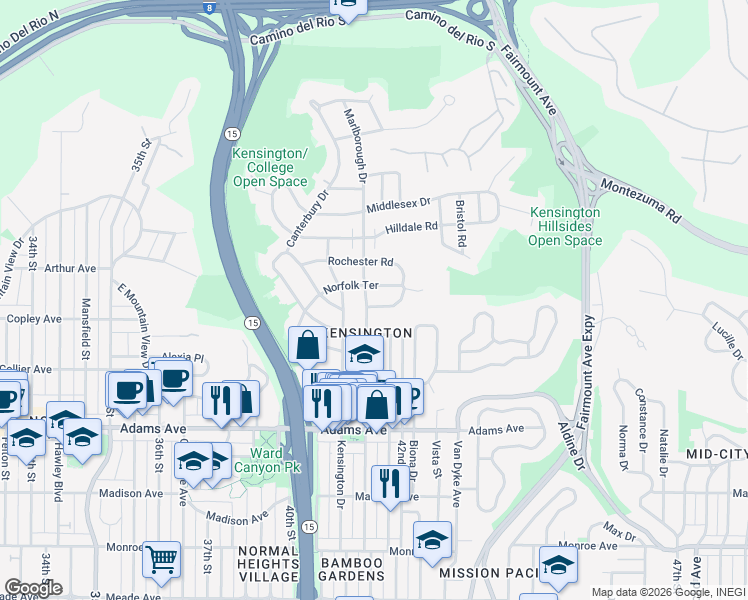 map of restaurants, bars, coffee shops, grocery stores, and more near 4965 Marlborough Drive in San Diego