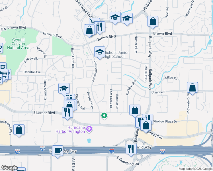 map of restaurants, bars, coffee shops, grocery stores, and more near 1936 Lost Creek Drive in Arlington