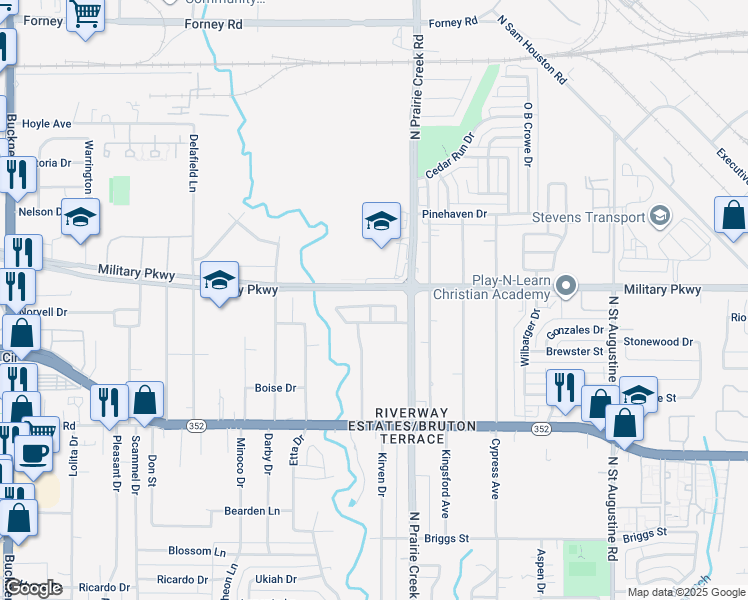 map of restaurants, bars, coffee shops, grocery stores, and more near 9103 Prairie Bluff Drive in Dallas