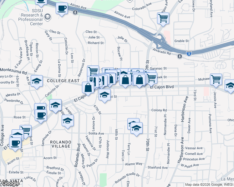 map of restaurants, bars, coffee shops, grocery stores, and more near 6805 Amherst Street in San Diego