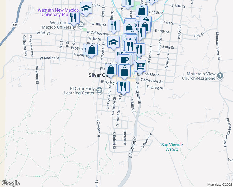 map of restaurants, bars, coffee shops, grocery stores, and more near 305 South Texas Street in Silver City