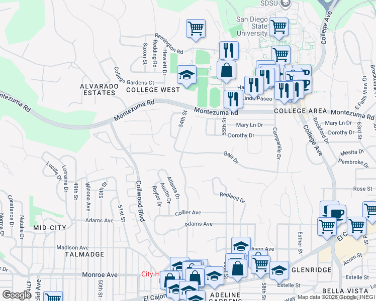 map of restaurants, bars, coffee shops, grocery stores, and more near 5410 Baja Drive in San Diego