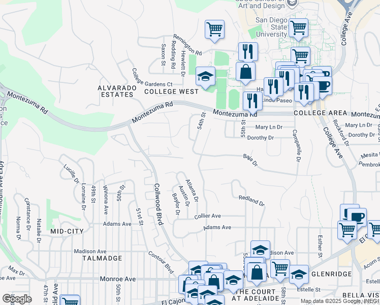 map of restaurants, bars, coffee shops, grocery stores, and more near 4950 54th Street in San Diego