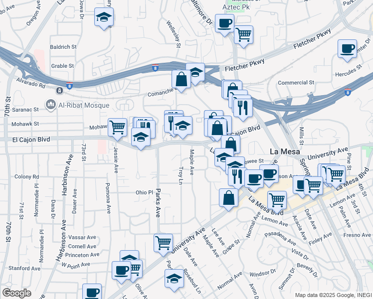 map of restaurants, bars, coffee shops, grocery stores, and more near 7725 El Cajon Boulevard in La Mesa