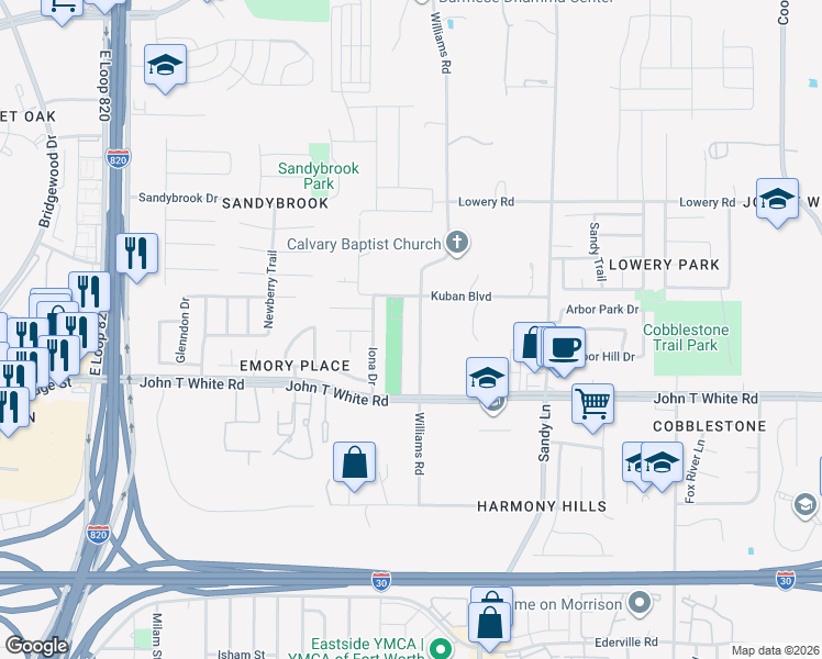 map of restaurants, bars, coffee shops, grocery stores, and more near 7125 John T White Road in Fort Worth