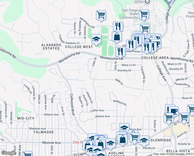 map of restaurants, bars, coffee shops, grocery stores, and more near 5407 Baja Drive in San Diego