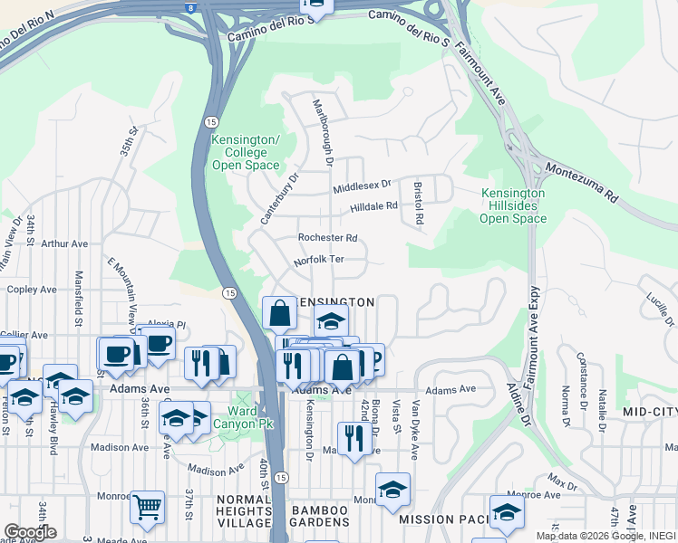 map of restaurants, bars, coffee shops, grocery stores, and more near 4965 Marlborough Drive in San Diego