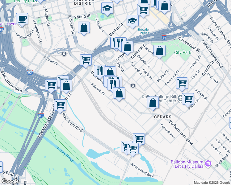 map of restaurants, bars, coffee shops, grocery stores, and more near 1325 South Lamar Street in Dallas