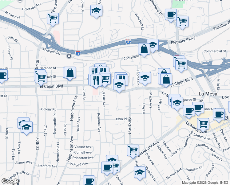map of restaurants, bars, coffee shops, grocery stores, and more near 7475 El Cajon Boulevard in La Mesa