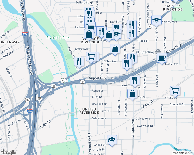 map of restaurants, bars, coffee shops, grocery stores, and more near 2605 Airport Freeway in Fort Worth