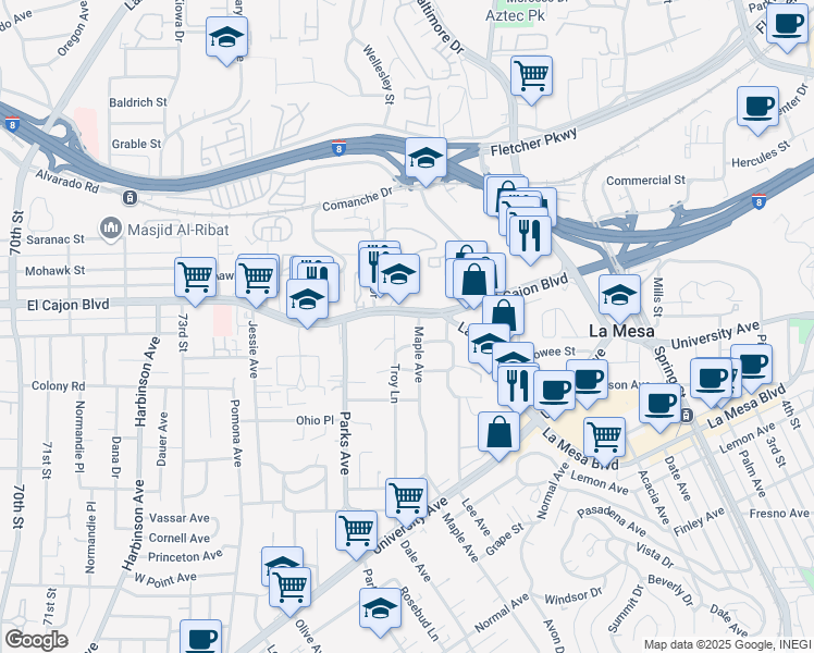 map of restaurants, bars, coffee shops, grocery stores, and more near 7705 El Cajon Boulevard in La Mesa