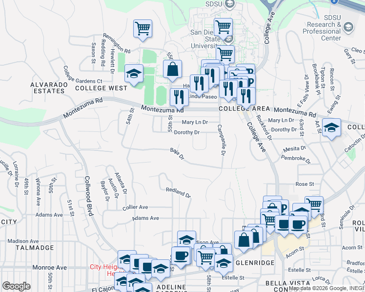 map of restaurants, bars, coffee shops, grocery stores, and more near 5562 Baja Drive in San Diego