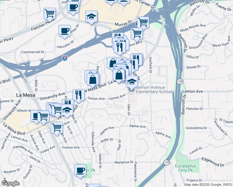 map of restaurants, bars, coffee shops, grocery stores, and more near 8694 Lemon Avenue in La Mesa