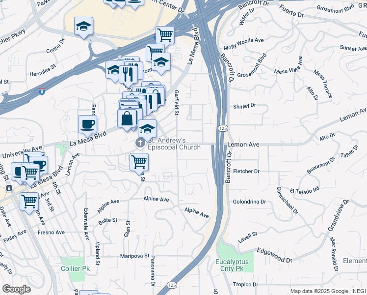 map of restaurants, bars, coffee shops, grocery stores, and more near 4870 Garfield Street in La Mesa