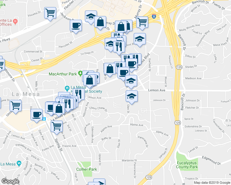 map of restaurants, bars, coffee shops, grocery stores, and more near 8677 Lemon Avenue in La Mesa