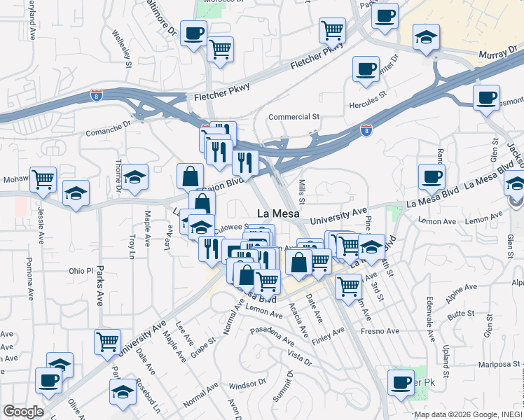 map of restaurants, bars, coffee shops, grocery stores, and more near 8088 University Avenue in La Mesa