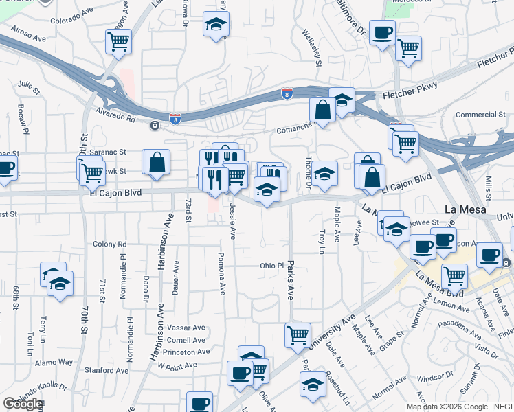 map of restaurants, bars, coffee shops, grocery stores, and more near 7475 El Cajon Boulevard in La Mesa