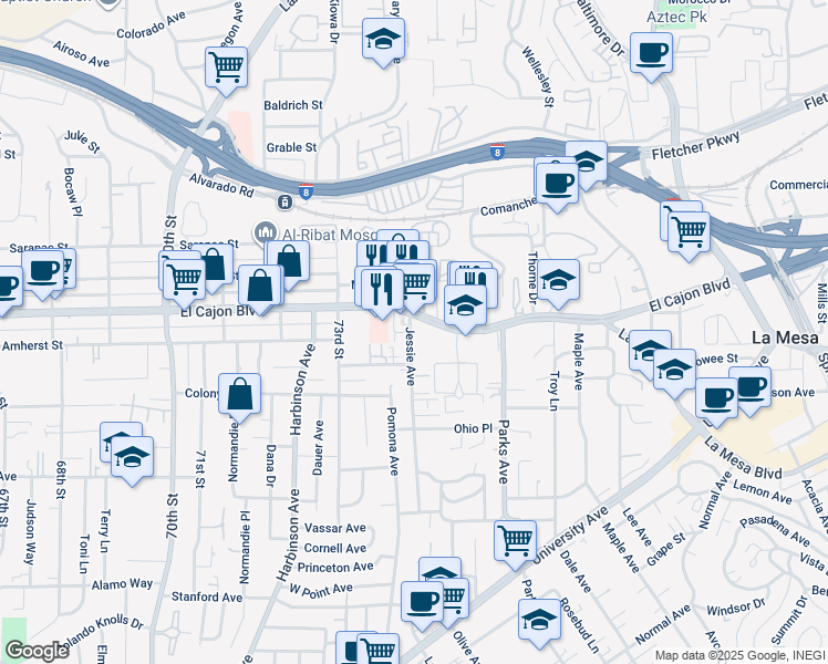 map of restaurants, bars, coffee shops, grocery stores, and more near 4841 Jessie Avenue in La Mesa
