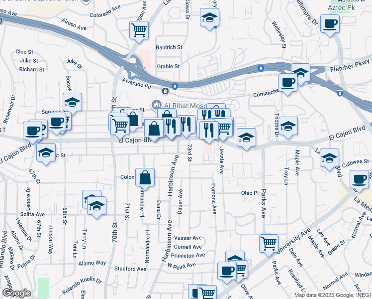 map of restaurants, bars, coffee shops, grocery stores, and more near 4876 73rd Street in La Mesa