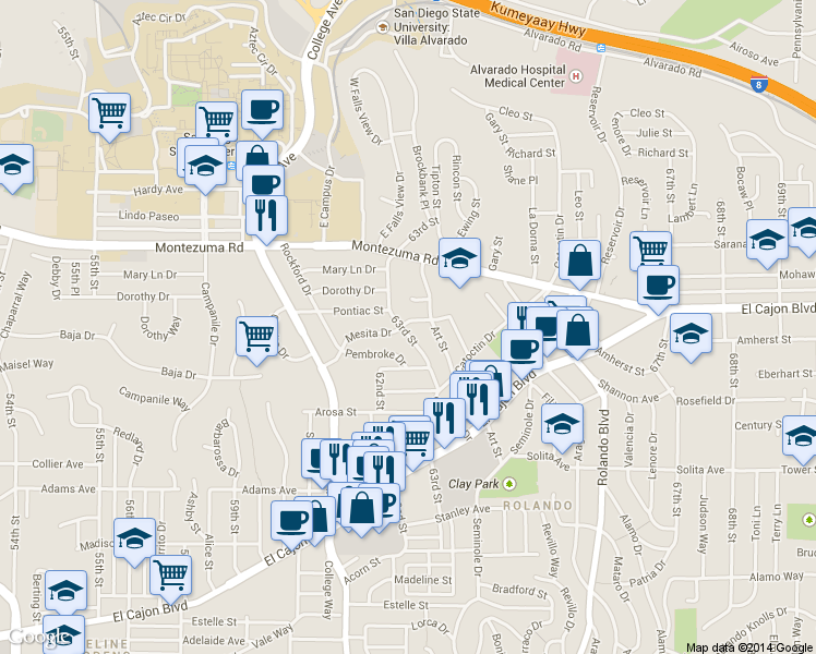 map of restaurants, bars, coffee shops, grocery stores, and more near 6223 Mesita Drive in San Diego