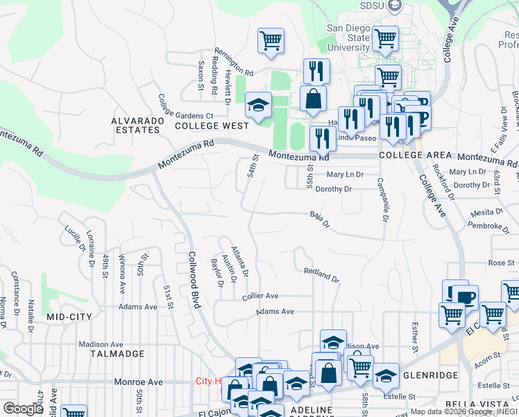 map of restaurants, bars, coffee shops, grocery stores, and more near in San Diego
