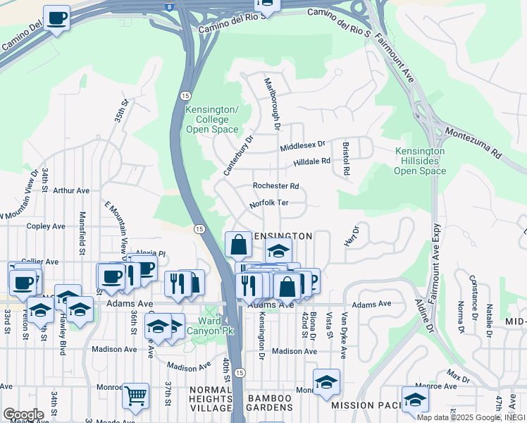 map of restaurants, bars, coffee shops, grocery stores, and more near 4918 Westminster Terrace in San Diego