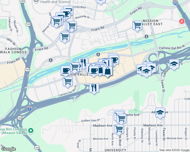 map of restaurants, bars, coffee shops, grocery stores, and more near 1640 Camino Del Rio North in San Diego