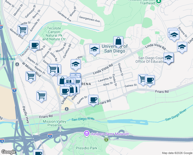 map of restaurants, bars, coffee shops, grocery stores, and more near 5604 Lauretta Street in San Diego