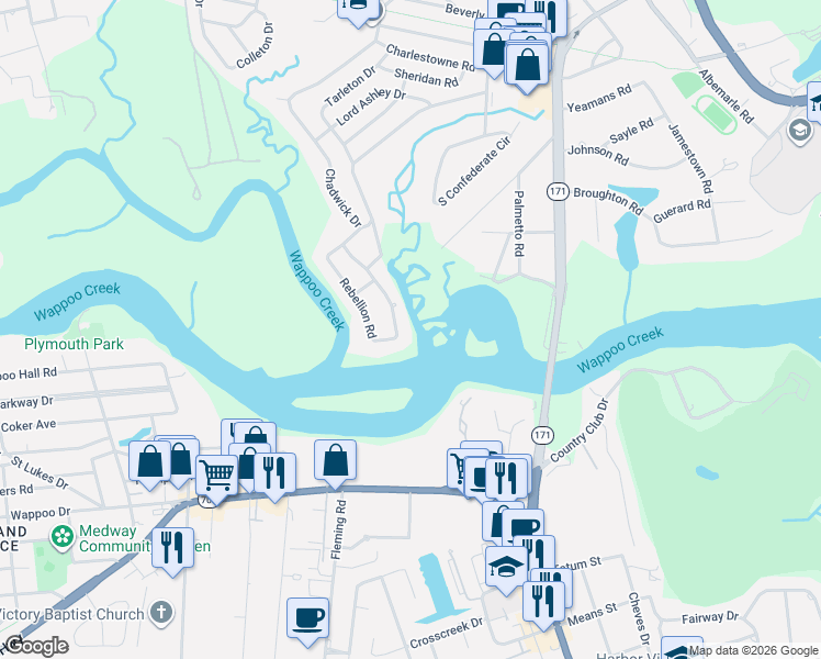 map of restaurants, bars, coffee shops, grocery stores, and more near 74 Rebellion Road in Charleston