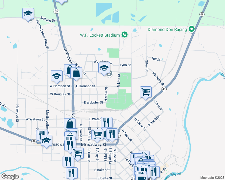 map of restaurants, bars, coffee shops, grocery stores, and more near 503 East Douglas Street in Jefferson