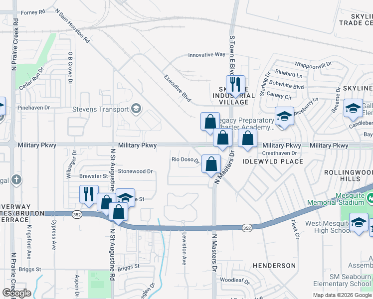 map of restaurants, bars, coffee shops, grocery stores, and more near 9919 Rio Doso Drive in Dallas