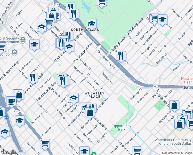 map of restaurants, bars, coffee shops, grocery stores, and more near 3535 Dunbar Street in Dallas