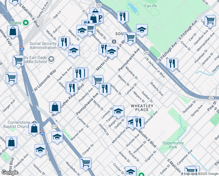 map of restaurants, bars, coffee shops, grocery stores, and more near 2824 Birmingham Avenue in Dallas