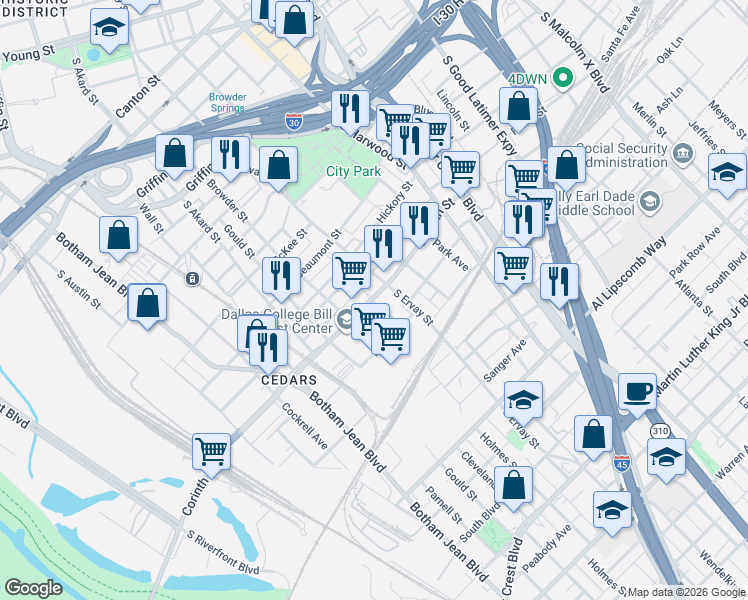 map of restaurants, bars, coffee shops, grocery stores, and more near 1516 Corinth Street in Dallas