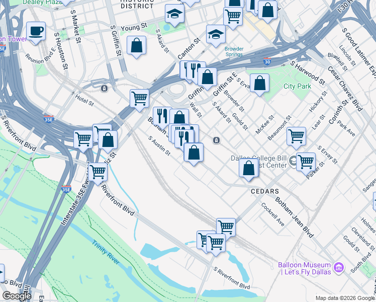 map of restaurants, bars, coffee shops, grocery stores, and more near 1325 Botham Jean Boulevard in Dallas