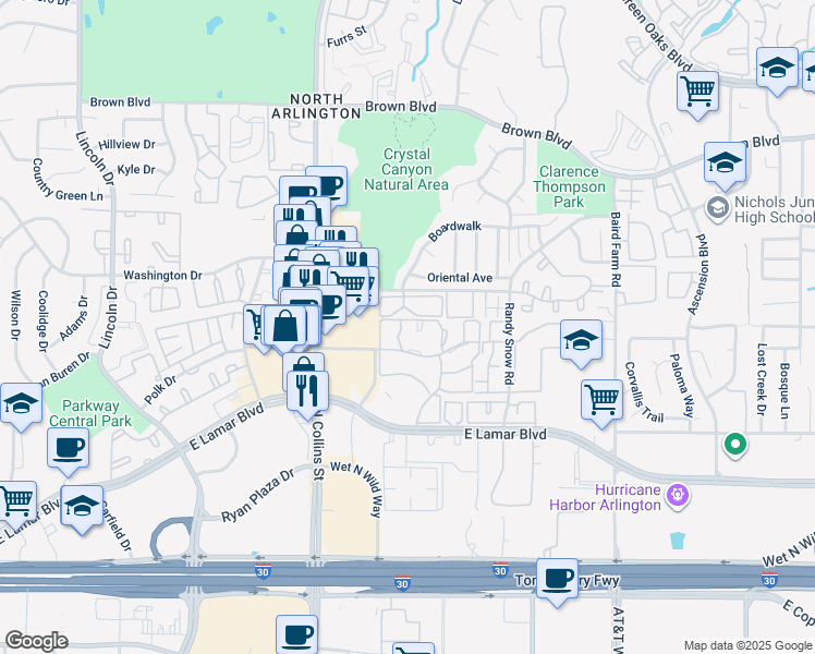 map of restaurants, bars, coffee shops, grocery stores, and more near 1201 Harwell Drive in Arlington