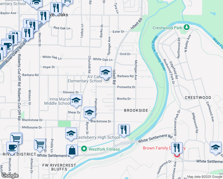 map of restaurants, bars, coffee shops, grocery stores, and more near 510 Isbell Road in Fort Worth