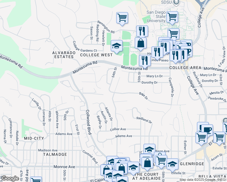 map of restaurants, bars, coffee shops, grocery stores, and more near 5407 Baja Drive in San Diego