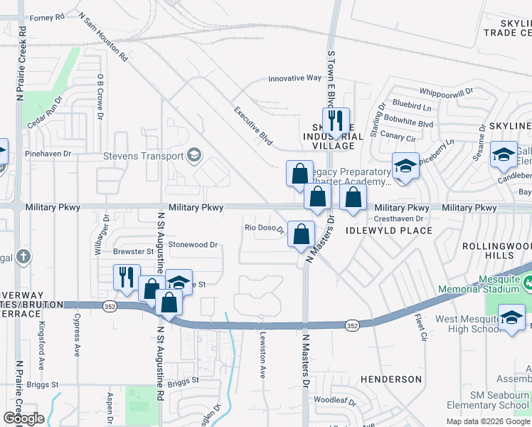 map of restaurants, bars, coffee shops, grocery stores, and more near 9919 Rio Doso Drive in Dallas